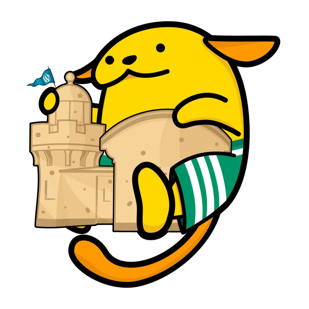 A yellow Wapuu character, wearing green and white shorts, holding a lighthouse sandcastle with a little blue WordPress Logo flag in top.